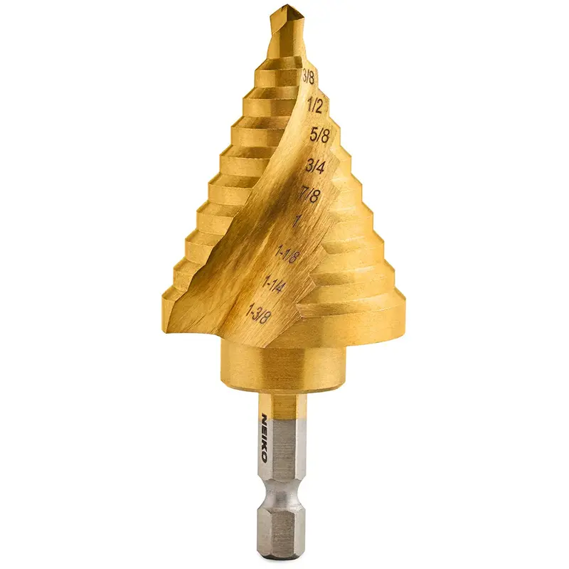 10-Size Quick-Change Spiral Step Drill Bit — Titanium-Coated Hss, 1/4" To 1-3/8" 1