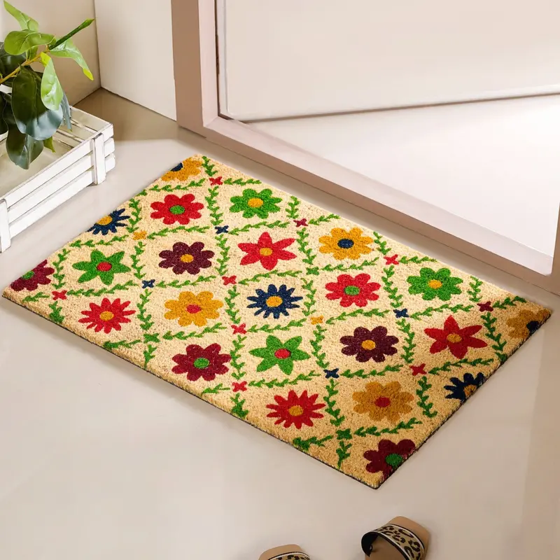 100% Natural Fiber Coir Mat Featuring Delicate Floral Art – 36X24 Inches 1