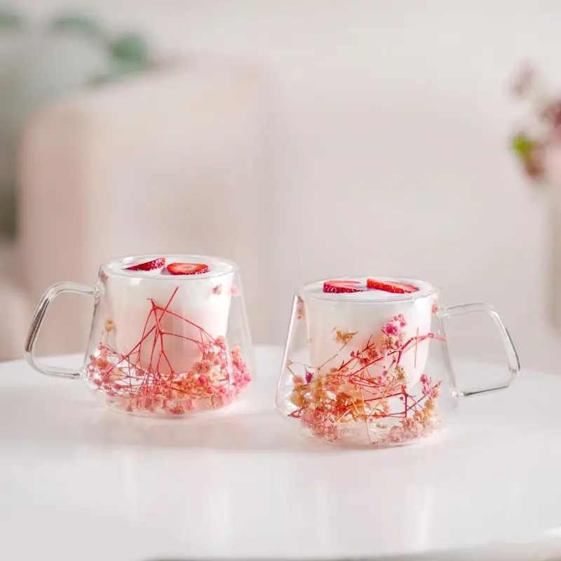 180Ml Real-Flower Double-Wall Glass Cup Set – 2-Piece 1