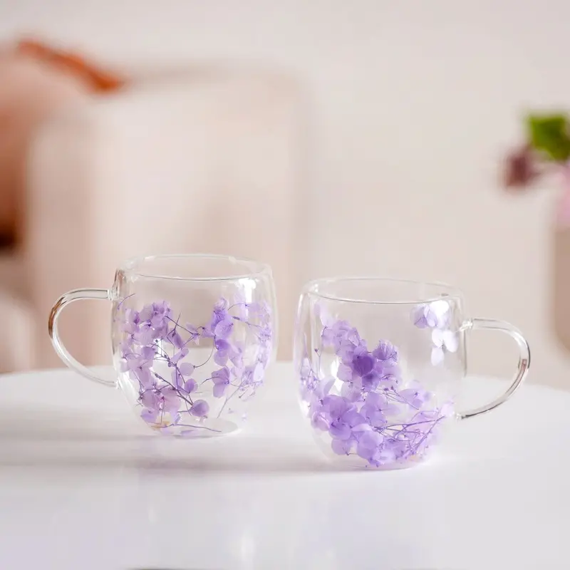 250Ml Double-Walled Coffee Mug Set With Lavender Blooms – 2-Pack 1