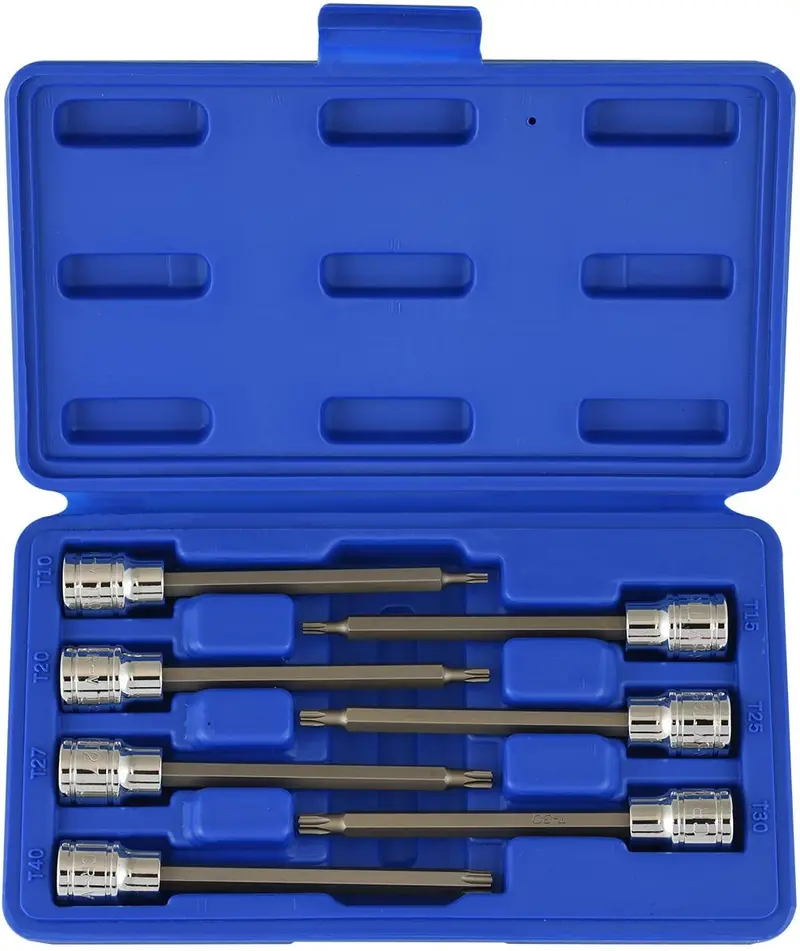 3/8" Drive Extra-Long Torx Bit Socket Set: T10–T40, 4-3/8" Length, S2 & Chrome Vanadium Steel (7-Piece) 1