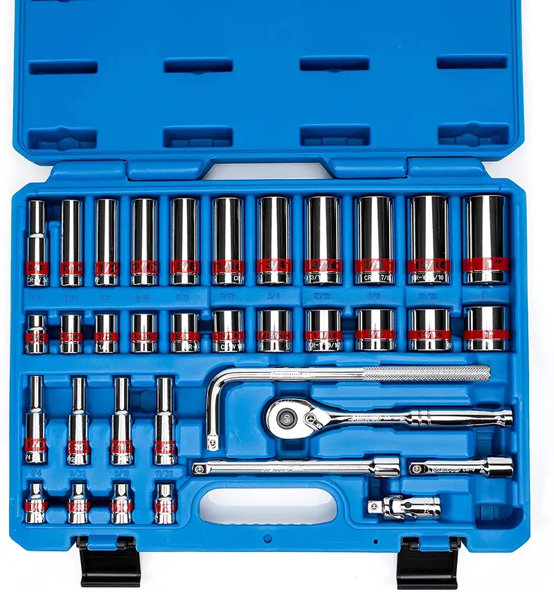 3/8" Drive Socket Set With 90-Tooth Quick-Release Ratchet — Standard & Deep Sae Sizes (35-Piece) 1