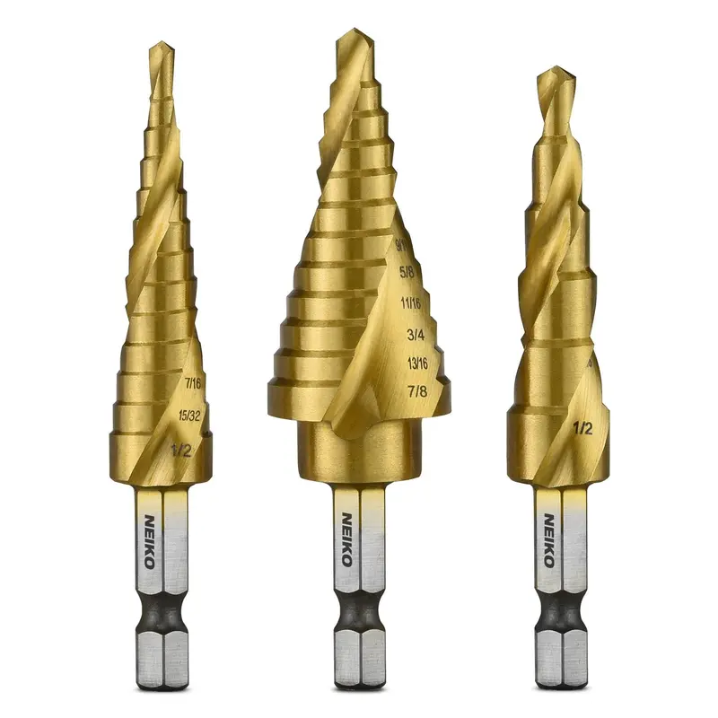 31-Size Titanium-Coated Step Drill Bit Set — Hss Base, Quick-Release 1/4" Hex Shank (3-Pc) 1