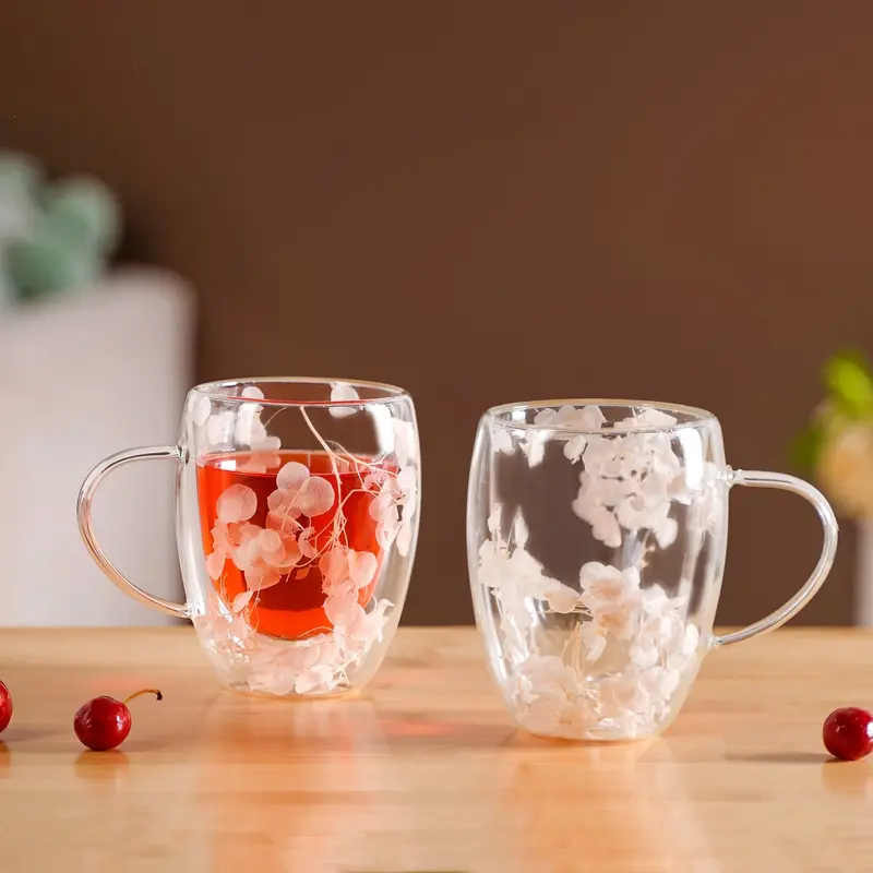 350Ml Dried-Flower Infused Double-Glass Coffee Mug Set – 2-Piece 1