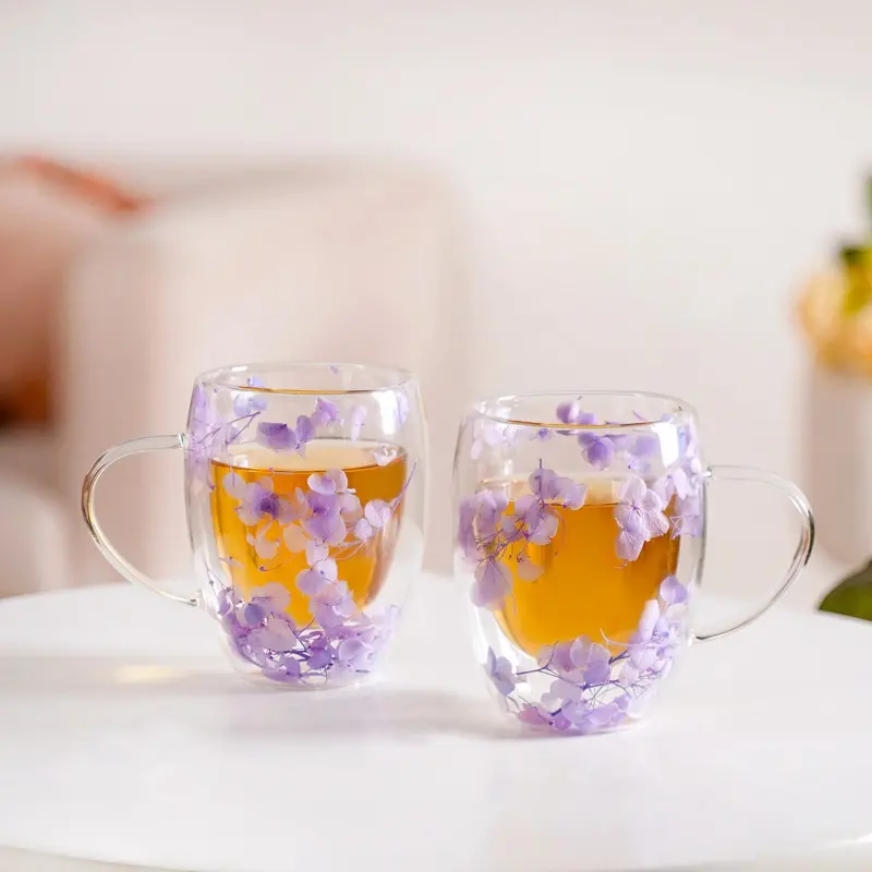 350Ml Insulated Double-Wall Glass Mug With Embedded Floral Design – 2-Pack 1