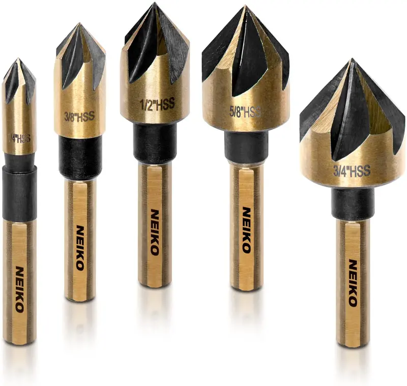 5-Flute Countersink Drill Bit Set — M2 High-Speed Steel, 1/4" Tri-Flat Shank (5-Pc) 1