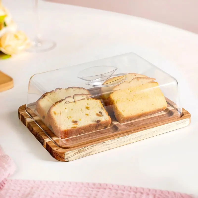 Acacia Wood Bread Box With Clear Cloche Lid – 22 Cm Diameter 1