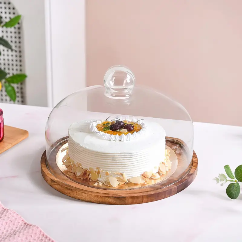 Acacia Wood Dessert Stand With Clear Glass Cloche – 26 Cm Display Piece 1