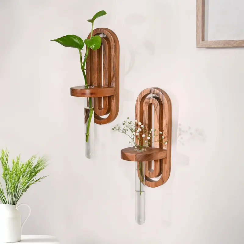 Acacia Wood Dual Test Tube Wall Planter 1