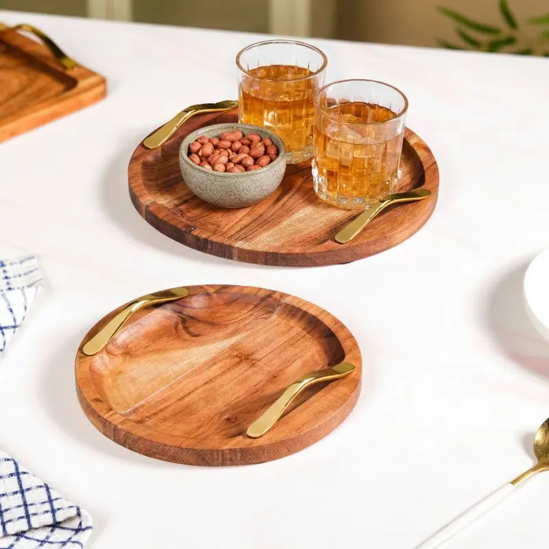 Acacia Wood Round Serving Tray With Gold-Tone Handles – Pair 1