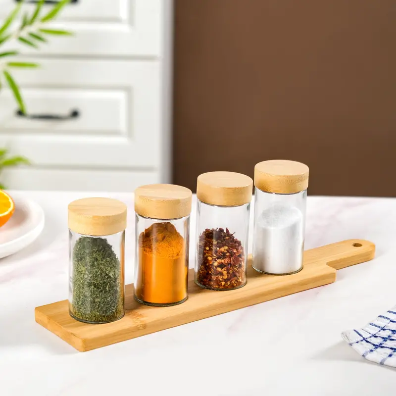 Airtight Ceramic Seasoning Jars Set (4 Pcs) With Bamboo Tray 1