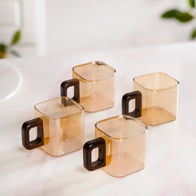 Amber Square Glass Mugs With Sustainable Wood Handles – Set Of 4, 200Ml 1