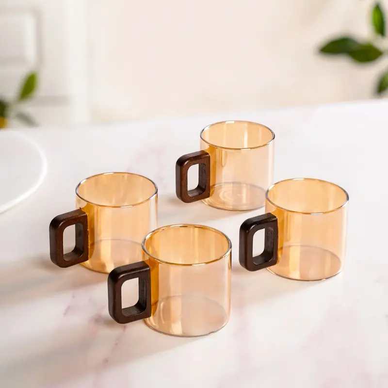 Amber-Tinted Ceramic-Style Tea Mugs With Wood Handles – Set Of 4, 200Ml 1