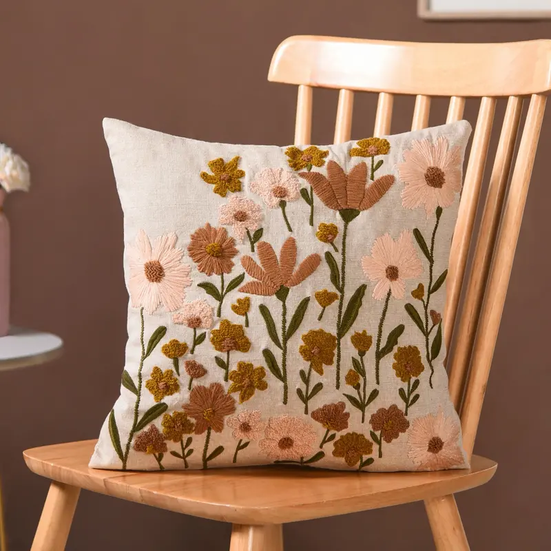 Beige Chambray Floral Couch Cushion Cover – 40X40Cm 1