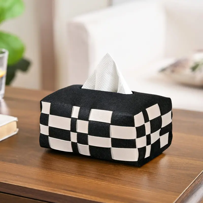 Black-And-Beige Basket-Weave Vegan Leather Tissue Box 1