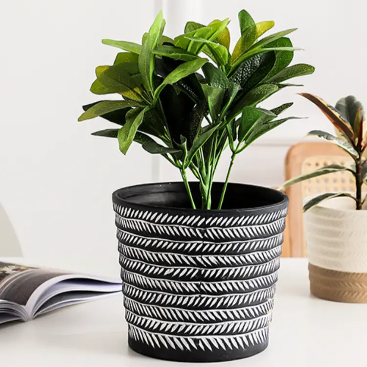 Black Ceramic Pot With White Abstract Line Design 1
