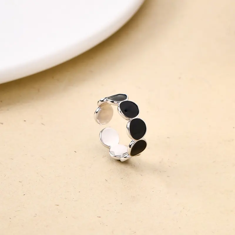 Black Enamel Accented Silver Ring 1
