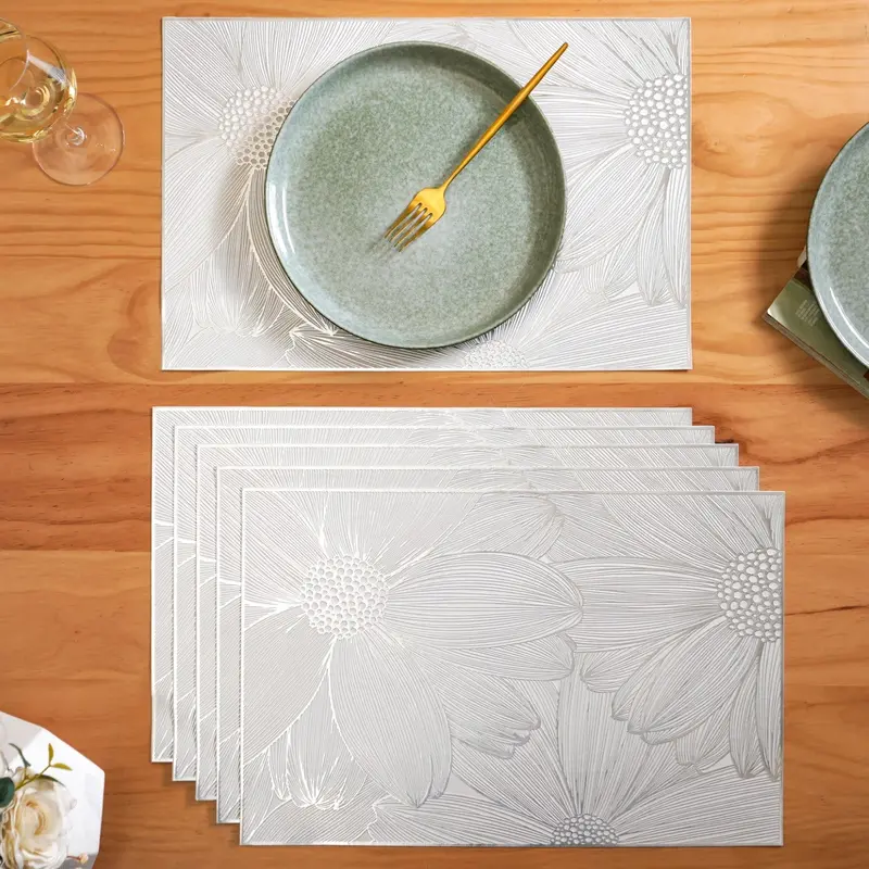 Blooming Flower Silver Placemats – Set Of 6 Delicate Metallic Table Mats 1