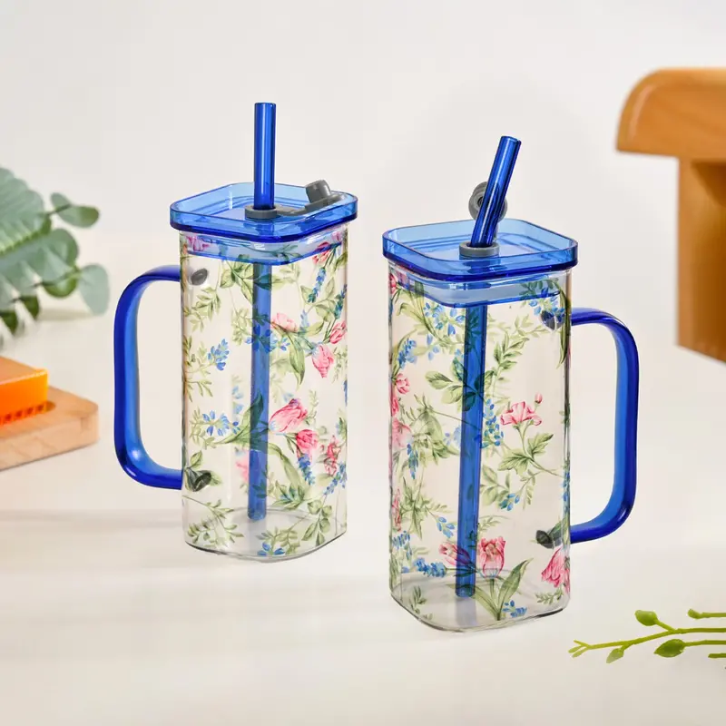 Blue Floral Travel Sippers – 4-Pack Leakproof 365Ml Glass Tumblers With Straws 1