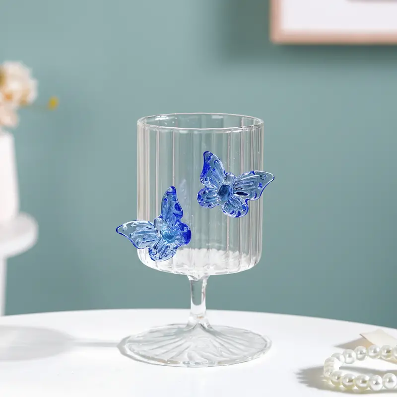 Blue Ribbed Wine Glass With 3D Butterfly Detail – 250Ml 1