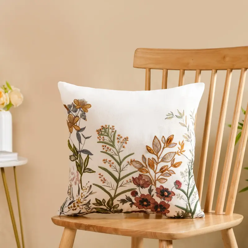 Botanical Garden Embroidered Square Cushion Cover – 40X40Cm Cotton Decor 1