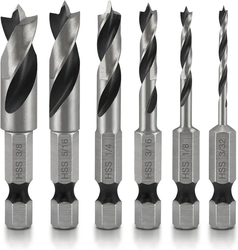 Brad Point Stubby Drill Bit Set — Hss, Short-Length Design, 1/4" Hex Shank (6-Pc) 1