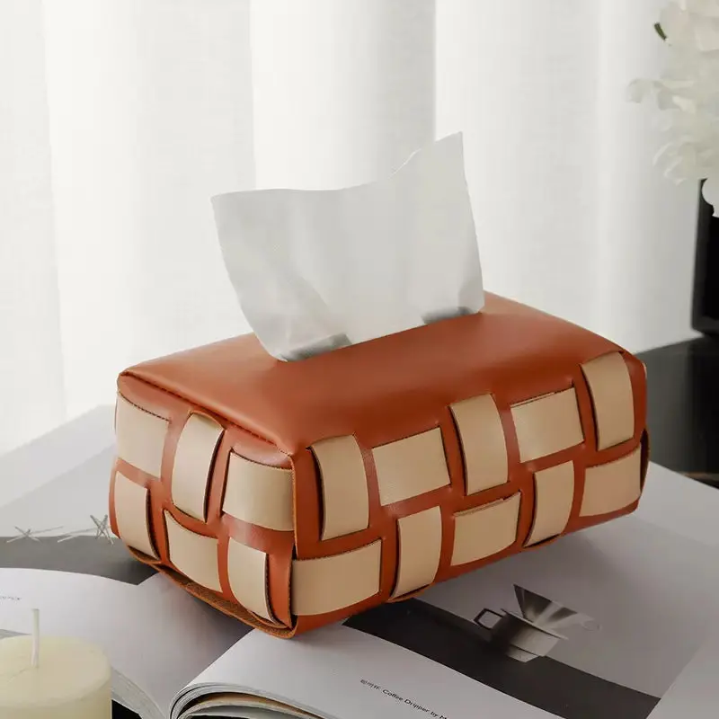 Brown-And-Beige Basket Weave Tissue Container 1
