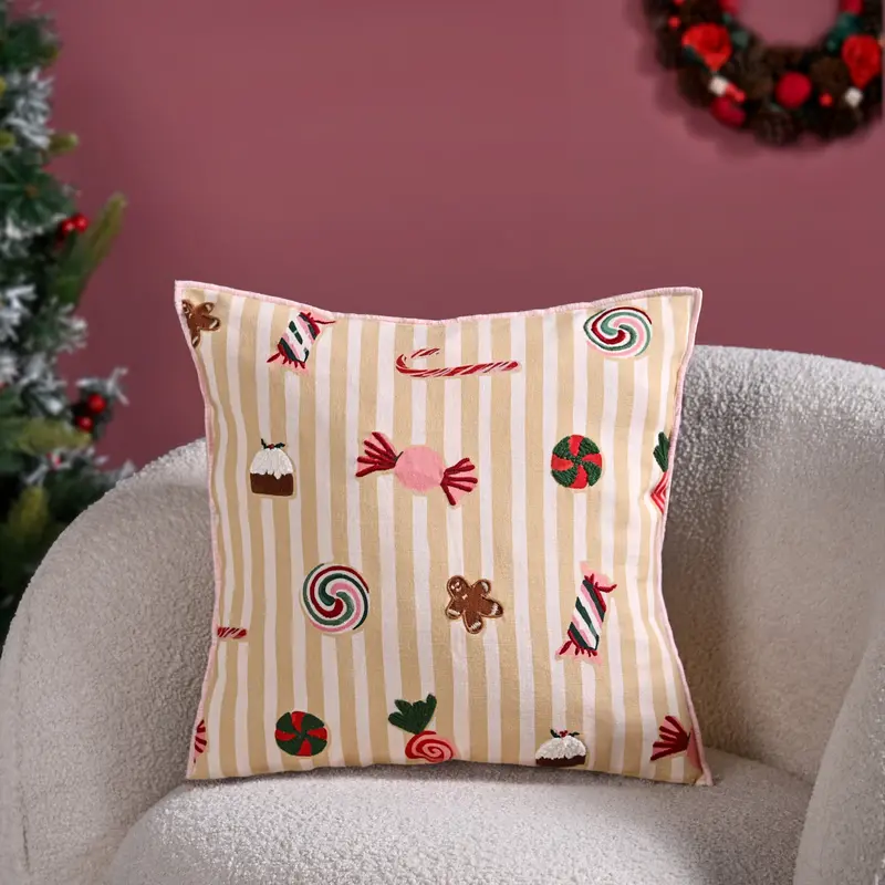 Candy-Colored Cotton Cushion Cover With Embroidered Details – 40X40 Cm 1