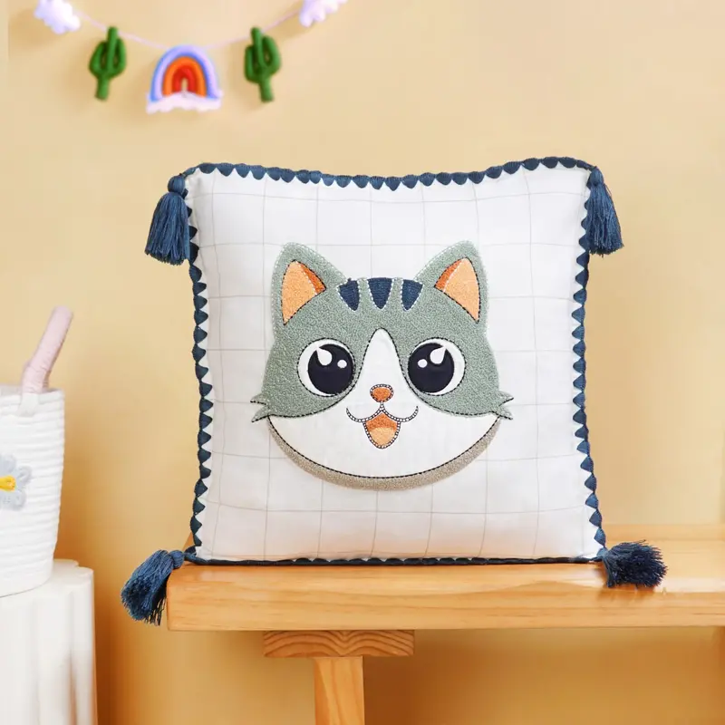 Cat Embroidered Cotton Cushion Cover For Kids (42X42Cm) 1