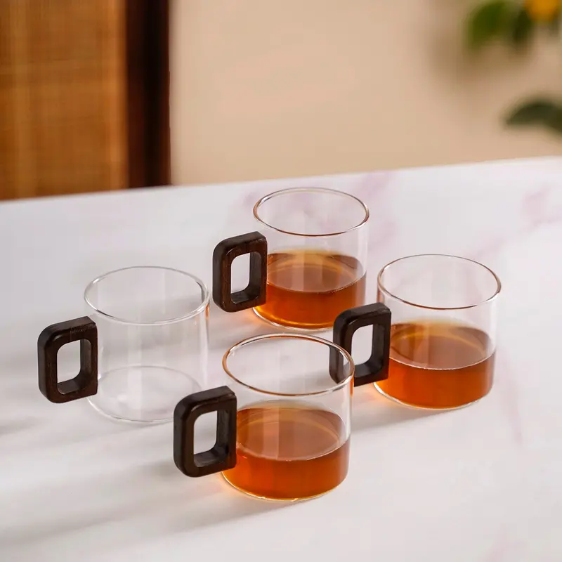 Ceramic-Style Glass Tea & Coffee Cups With Natural Wooden Handles (4-Pack, 200Ml) 1