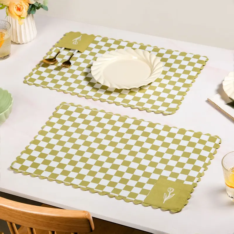 Checkered-Design Embroidered Cotton Table Mats – Green, Pack Of 6 1