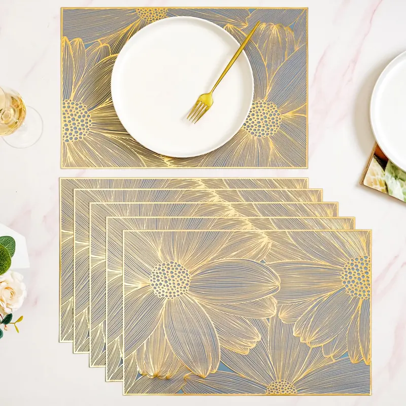 Chic Gold-And-Blue Flower Rectangle Placemats – Set Of 6 Stylish Dining Set 1