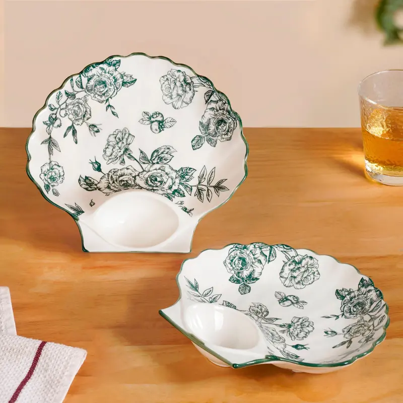 Chinoiserie Green Ceramic Divided Plates – Stylish 2-Piece Serving Set 1