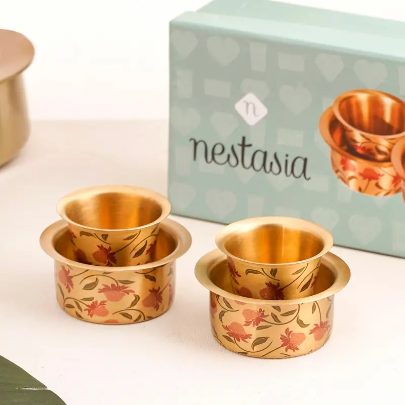 Chrysanthemum-Engraved Pure Brass Coffee Dabara Set For Two – Premium Gift Box Included 1