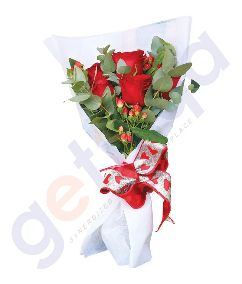 Classic White-Wrapped Rose Arrangement – 6 Red Roses With Hypericum & Eucalyptus 1