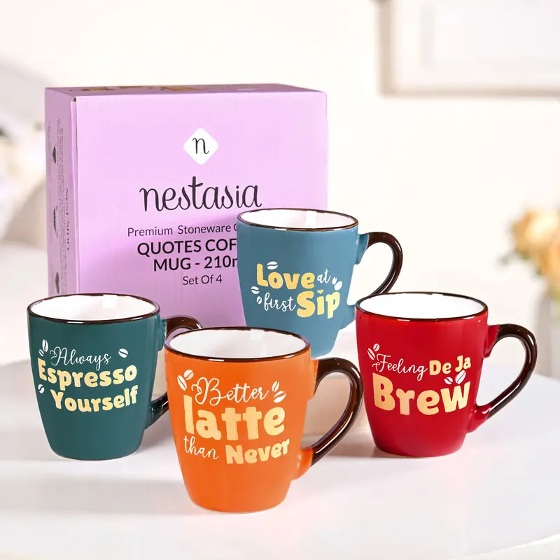 Coffee-Themed Quote Ceramic Mugs – Set Of 4 (210 Ml) 1