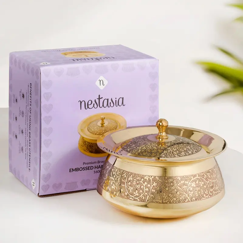 Compact Embossed Brass Handi Pot With Lid – 1600 Ml 1