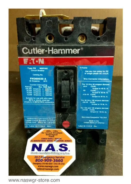 Cutler Hammer Fh360030A Molded Case Circuit Breaker — 30A, 3-Pole 1