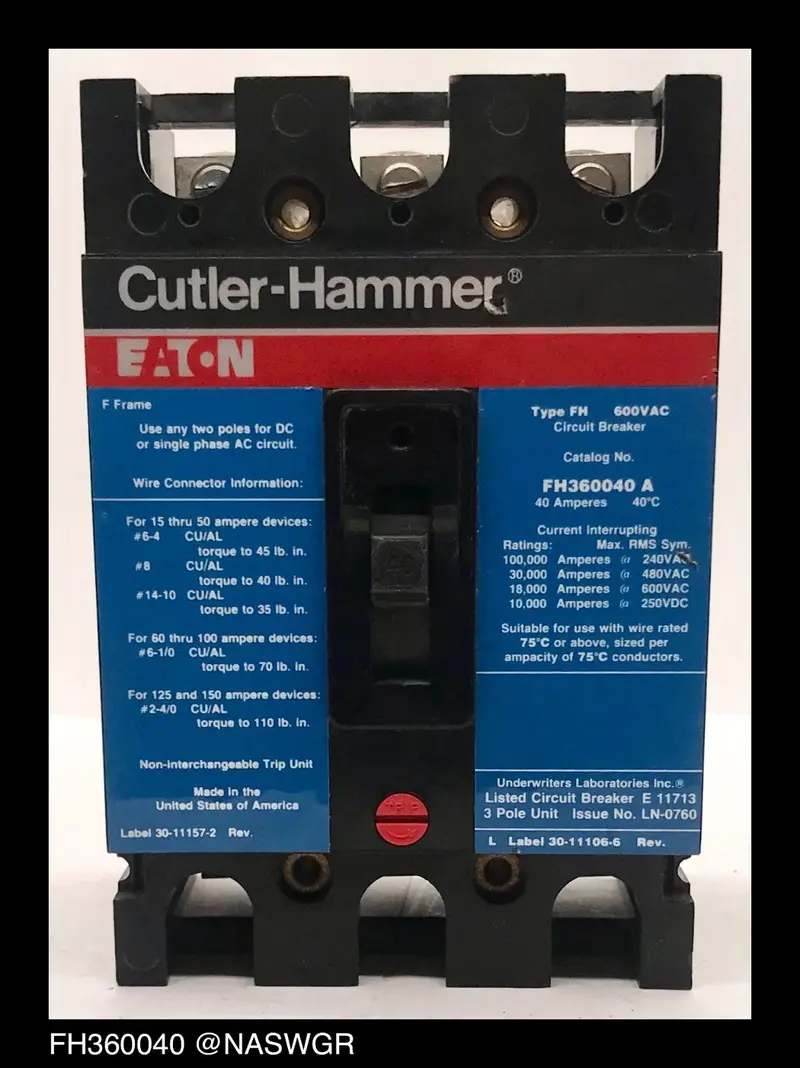 Cutler Hammer Fh360040A Molded Case Circuit Breaker — 40A, 3-Pole (Tested, 1-Year Warranty) 1