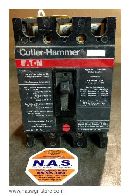 Cutler Hammer Fs340015A Molded Case Circuit Breaker — 15A, 2-Pole 1