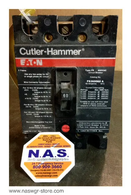 Cutler Hammer Fs360060A Molded Case Circuit Breaker — 60A, 3-Pole 1