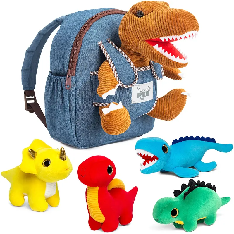 Dino Adventure Set: Four Prehistoric Plush Toys + T-Rex Backpack For Preschoolers 1