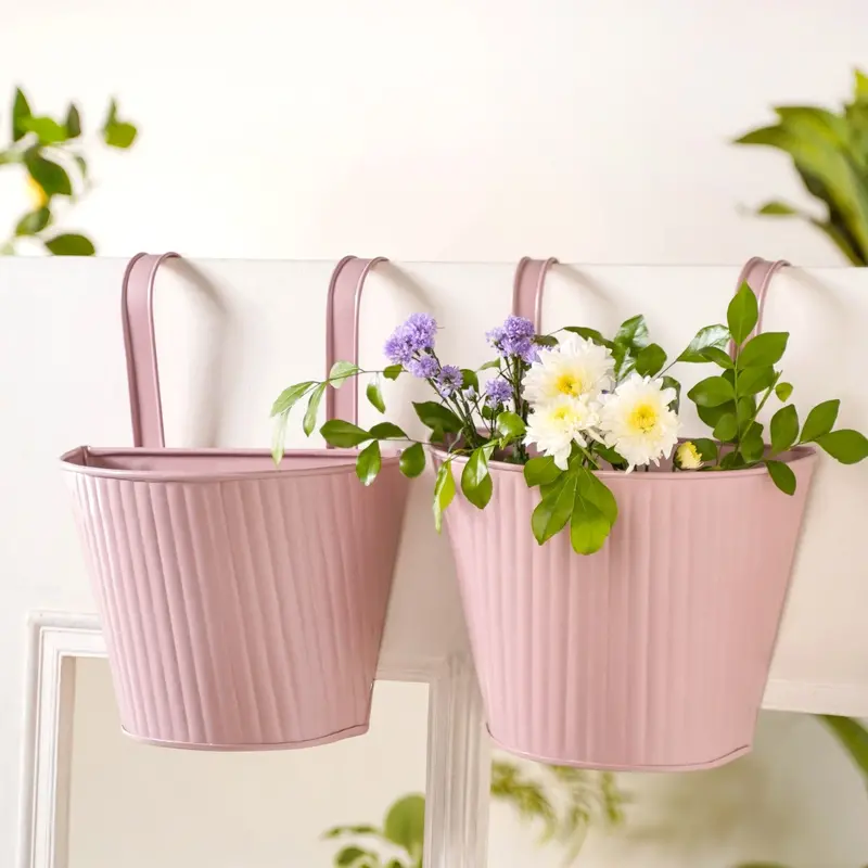 Dusty Pink Ribbed Hanging Planters – Coordinated Pair For Decorative Greenery 1