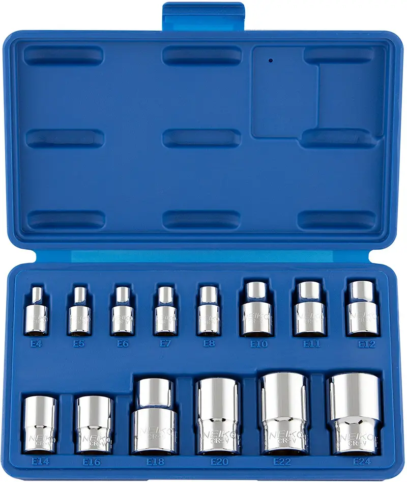 E-Torx External Socket Set: E4–E24 Sizes, Compatible With 1/4", 3/8", And 1/2" Drives, Chrome-Vanadium (14-Piece) 1