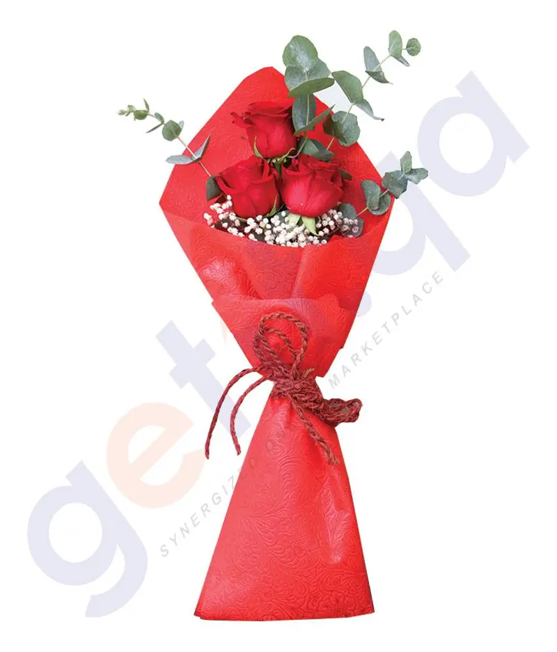 Elegant Red Rose Bouquet – 3 Stems With Eucalyptus In Red Wrapping 1