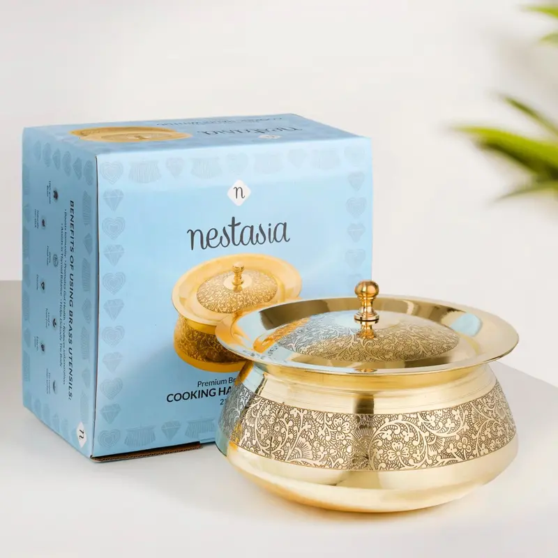Embossed Pure Brass Handi Cooking Vessel With Lid – 2300 Ml 1