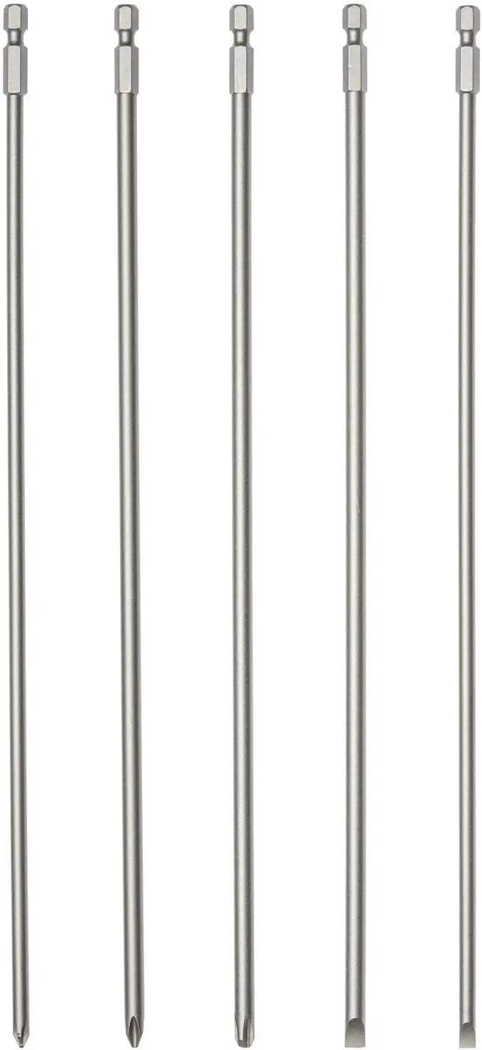Extended-Length 12" Screwdriver Bit Set — Phillips & Slotted, Chrome-Vanadium Steel, 1/4" Hex Shank (5-Pc) 1