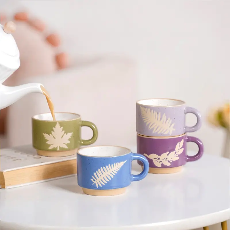 Fern-Print Ceramic Stackable Mugs – 4-Piece, 145Ml Each 1