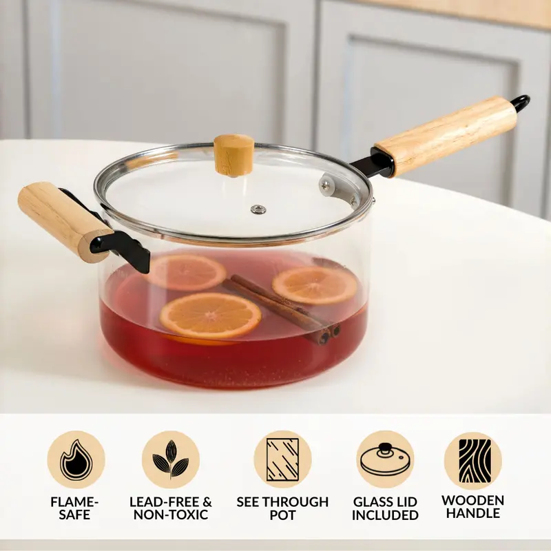 Flame-Safe Glass Saucepan With Wooden Handle & Lid – 3.2L 1