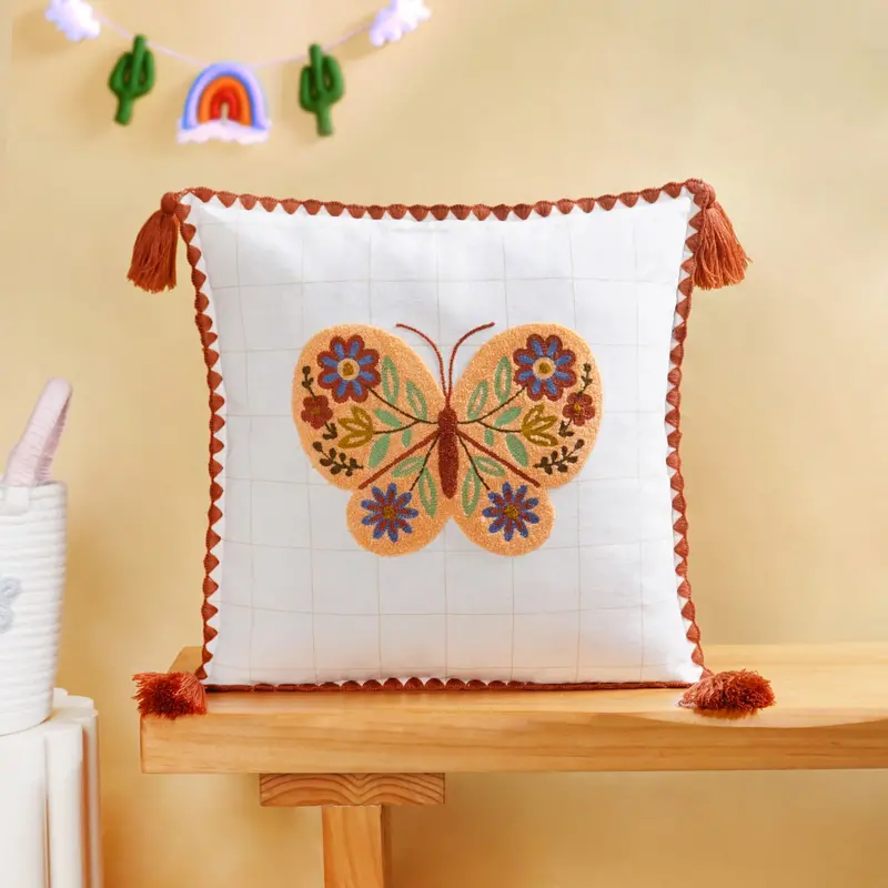 Floral Butterfly Embroidered Cotton Cushion Cover (42X42Cm) 1